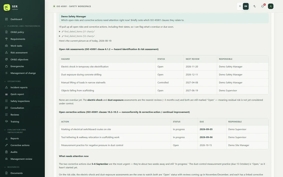 The AI assistant view: a user question about open risks, the data lookups the assistant made and a tabulated answer with ISO 45001 references.