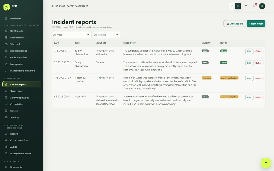 The incident reports view: a list of reports showing date, type, location, description, severity and processing status.