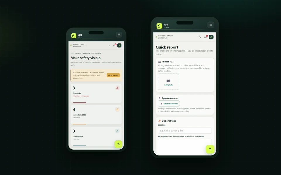 Two phones side by side: on the left the SERsalvus overview and key figures, on the right the quick report view with photo upload, voice description and text fields.