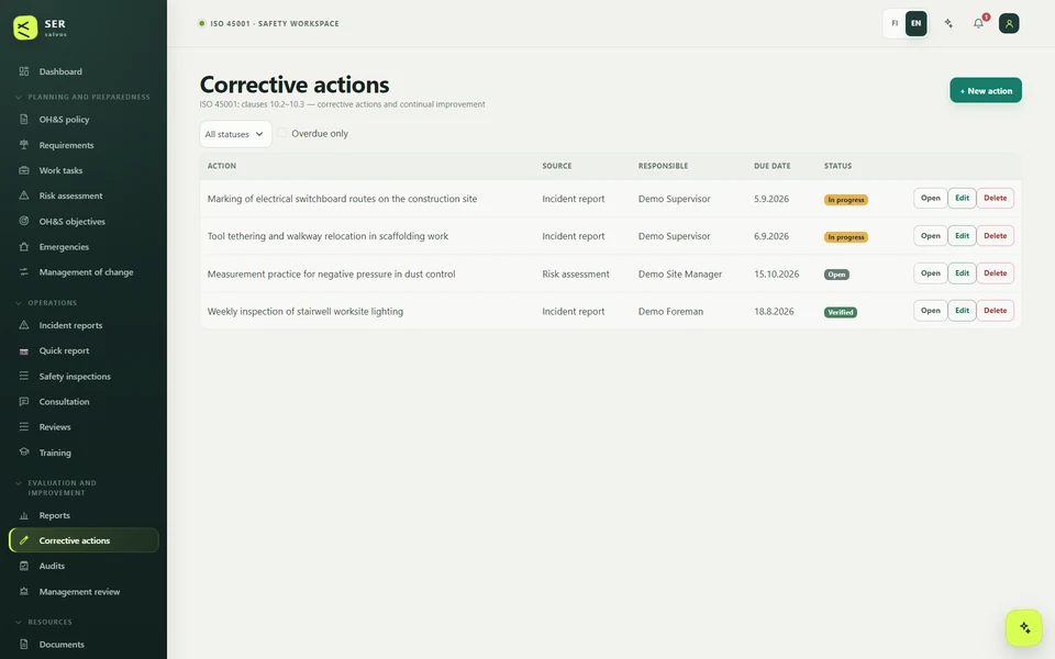 The corrective actions view: a table of action, source, owner, due date and status from in progress to verified.
