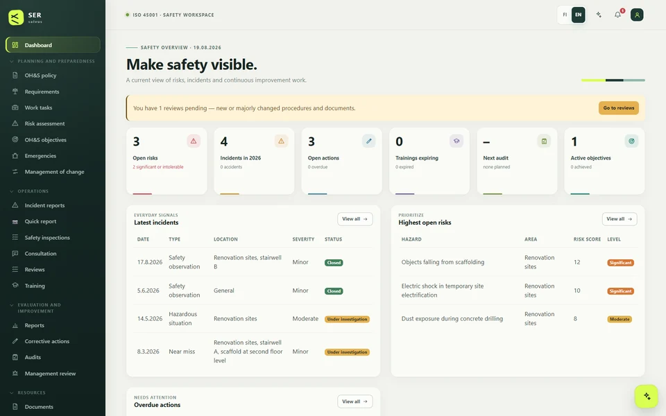 The SERsalvus overview: key figures for open risks, incidents and actions, with lists of the latest incidents and the highest open risks.